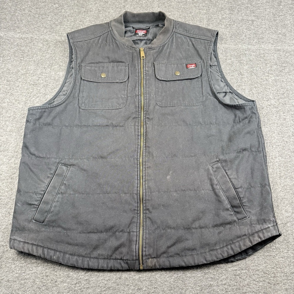 Wrangler Vest Mens XL Black Workwear Quilted‎ Lined Duck Canvas Ranch Distressed